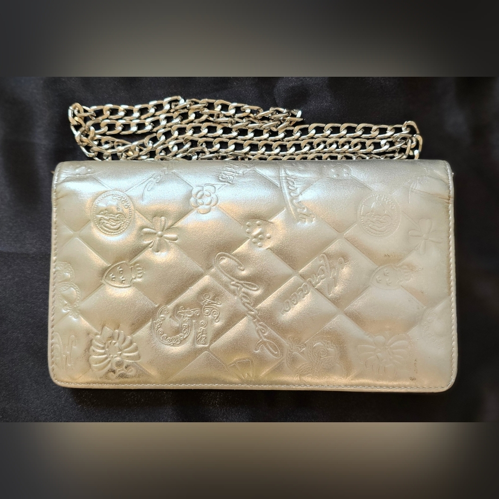 Chanel Silver Bifold Embossed Wallet with Silver Chain